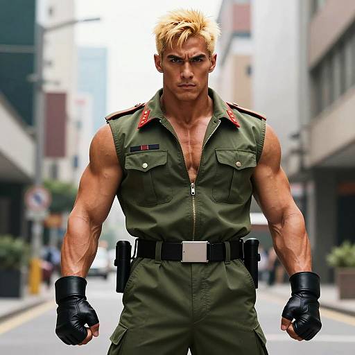 Muscular Man in Military Style Outfit with Blonde Hair in Urban Setting