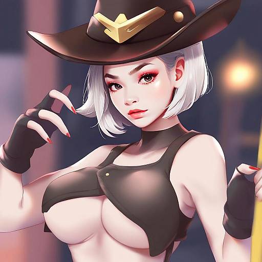 Anime Style Woman with White Hair and Cowboy Hat Digital Art