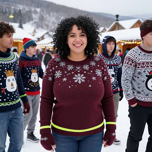 Happy Woman in Snowflake Sweater with Friends in Festive Winter Clothing Outdoors