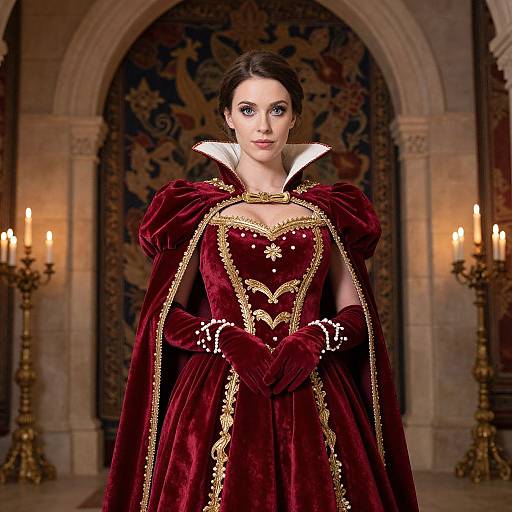 Woman in Elegant Red Velvet Renaissance Gown in Candlelit Castle Hall
