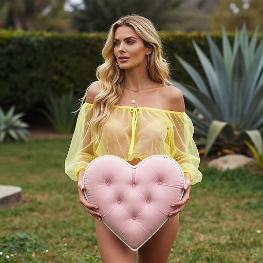 Blonde Woman in Sheer Yellow Top Holding Pink Heart Cushion Outdoors
