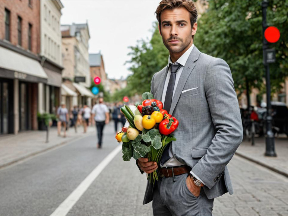 Man in grey suit holding vegetable bouquet on city street