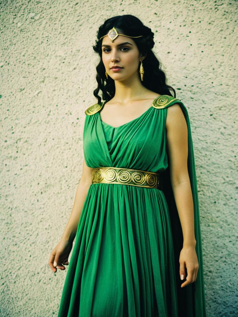 Woman in Green Greek Goddess Costume with Gold Accents