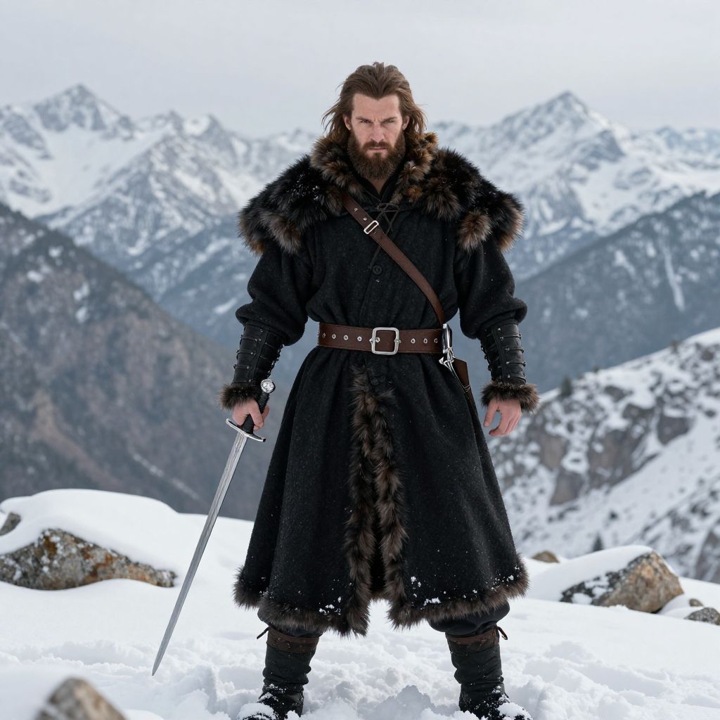 Medieval Warrior in Fur-Lined Coat Holding Sword in Snowy Mountains