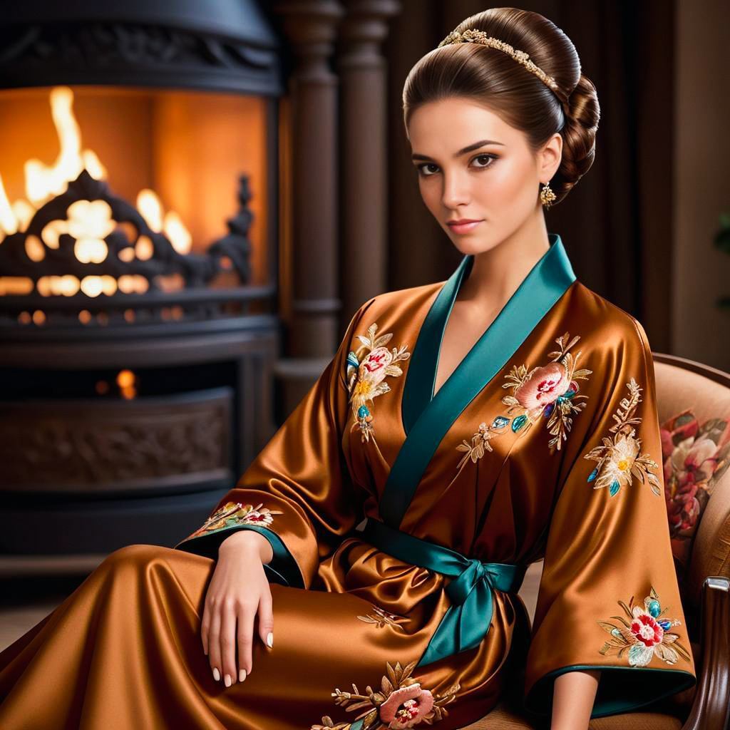 Elegant Woman by Fireplace in Satin Robe Elegant Woman by Fireplace in Satin Robe