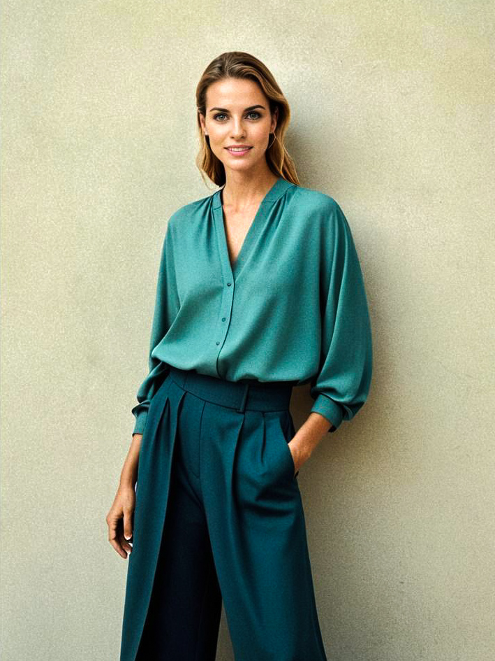 Stylish Woman in Green Blouse and Tailored Trousers