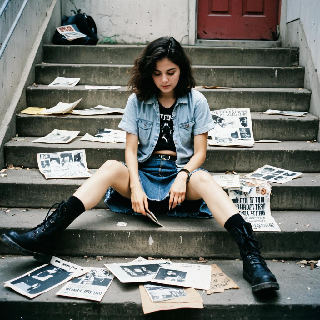 Young Woman in Denim Sitting on Steps with Vintage Newspapers and Posters