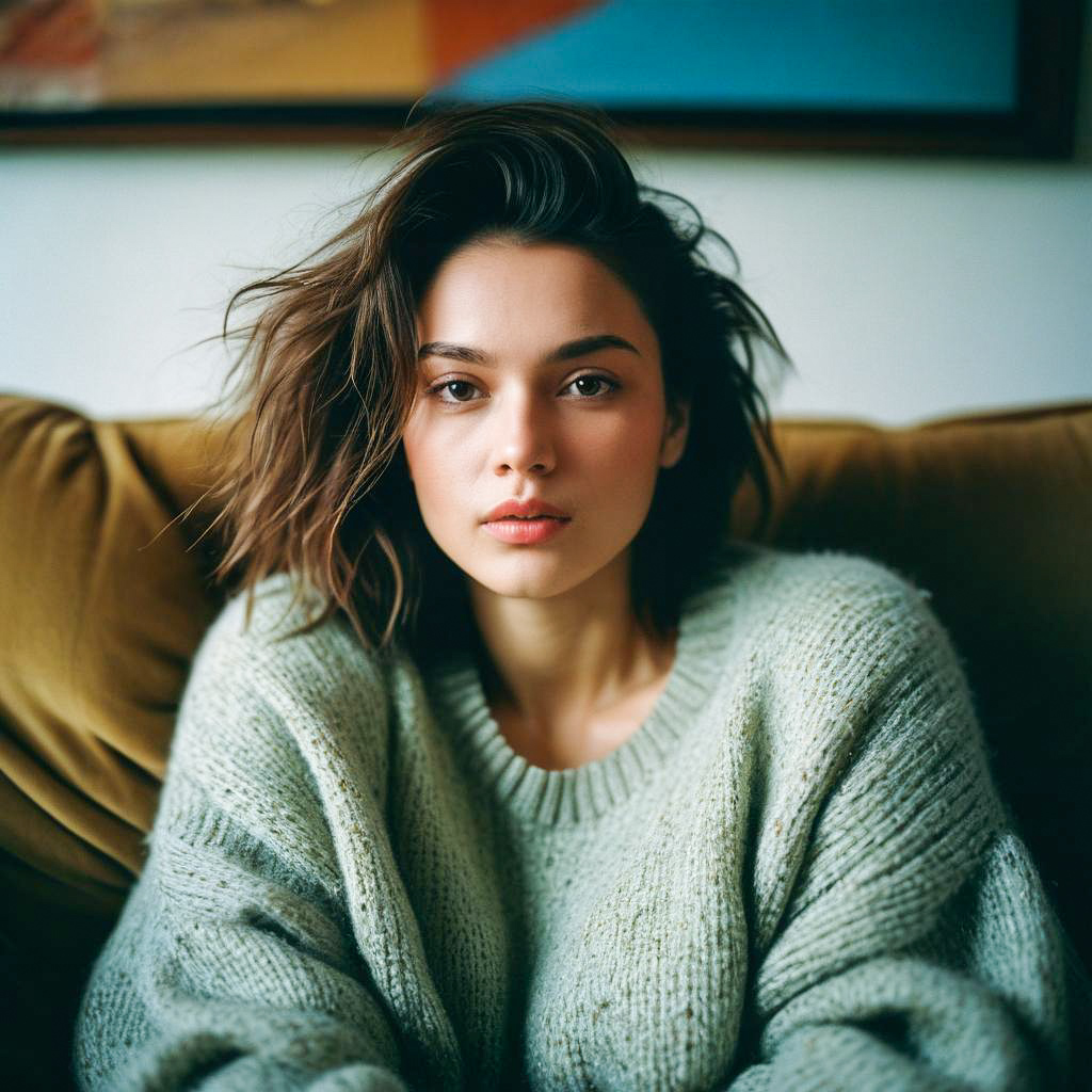 Woman in Cozy Sweater on Couch