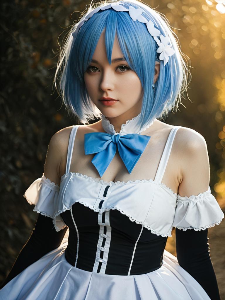 Realistic Woman Cosplay Wearing Rem Costume from Re:Zero