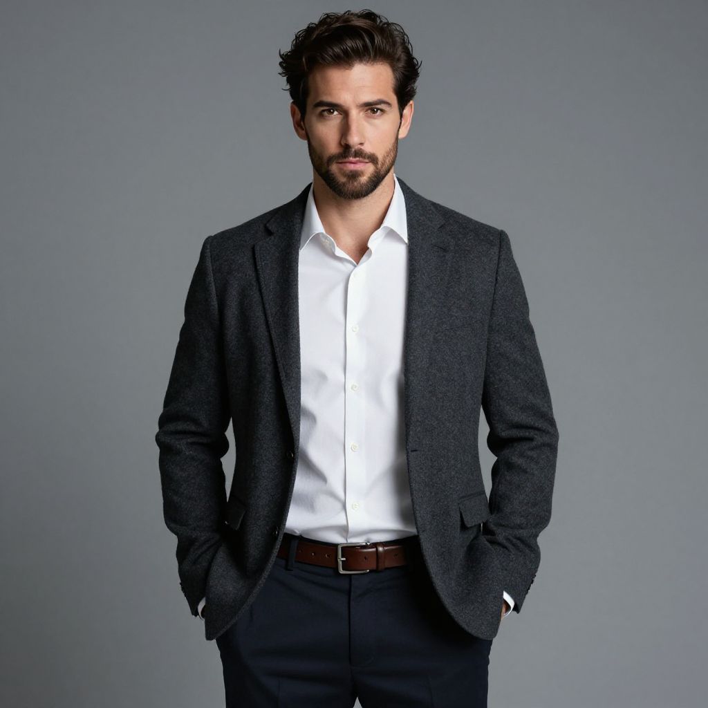 Confident Man in Dark Gray Blazer and White Shirt on Gray Background