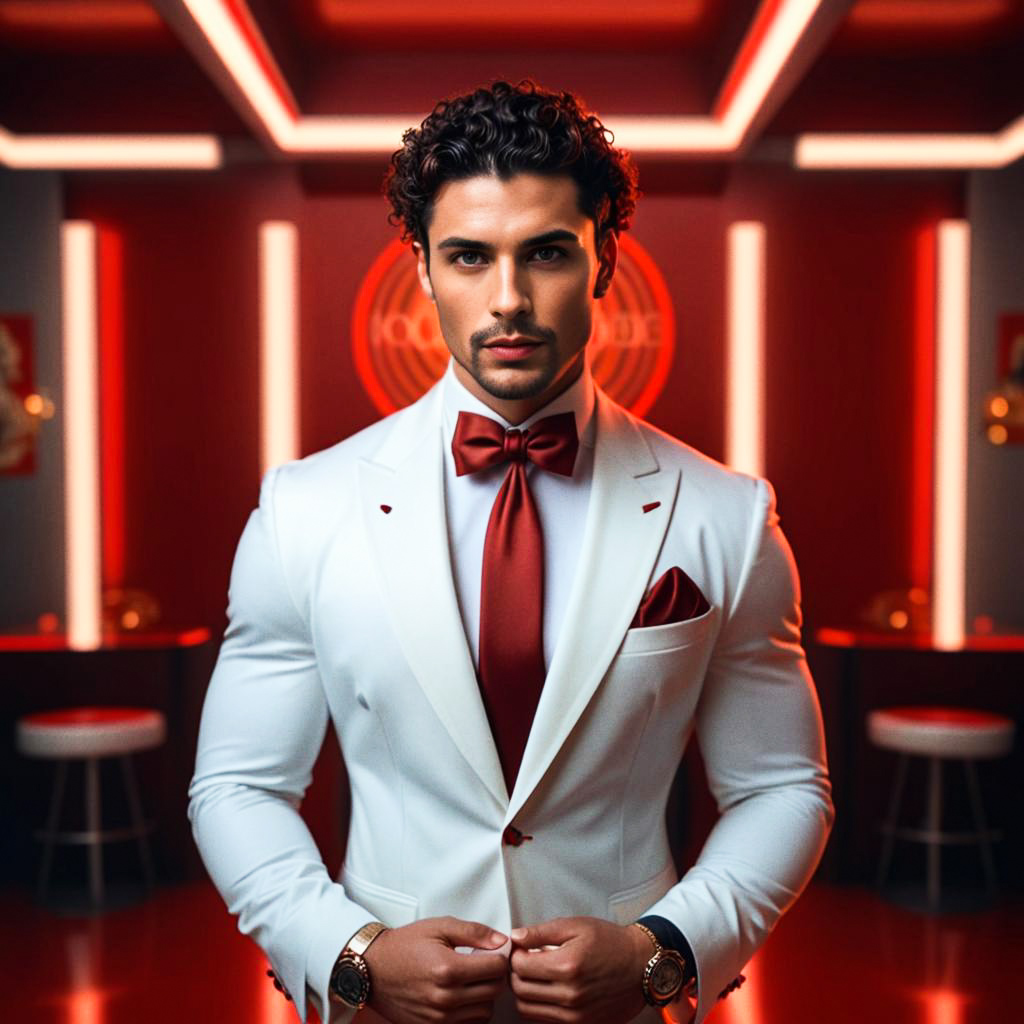 Stylish Man in White Suit with Red Bow Tie