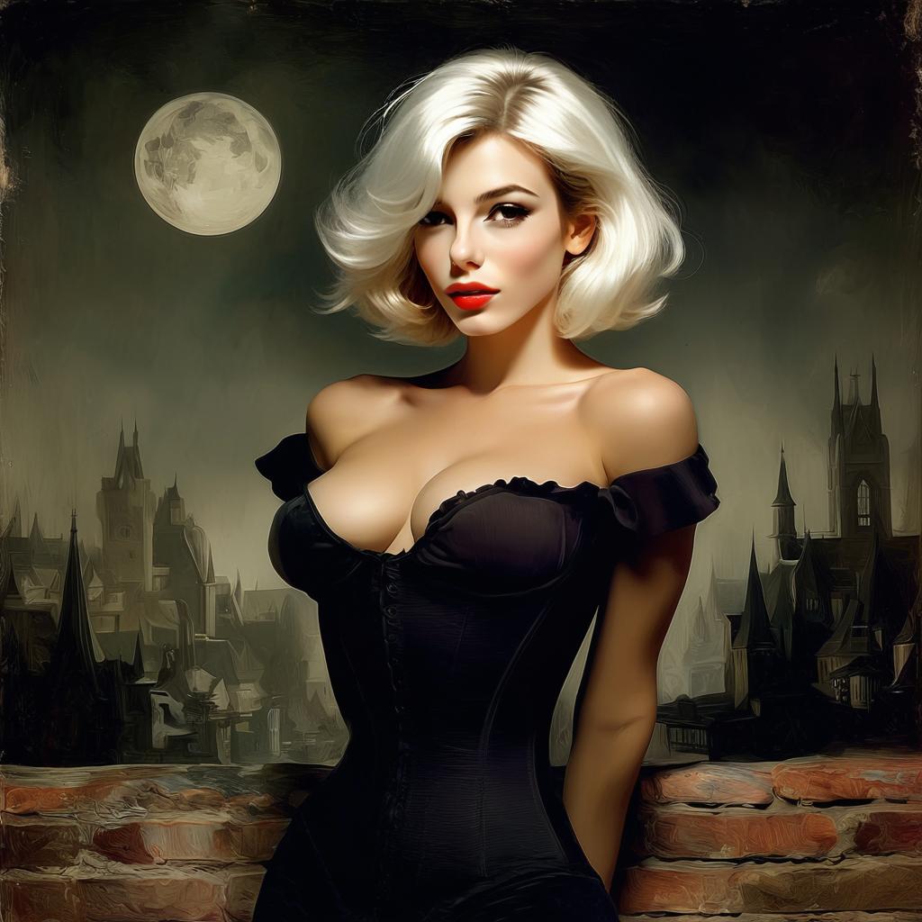 Gothic Woman in Black Corset Under Full Moon with Vintage Cityscape