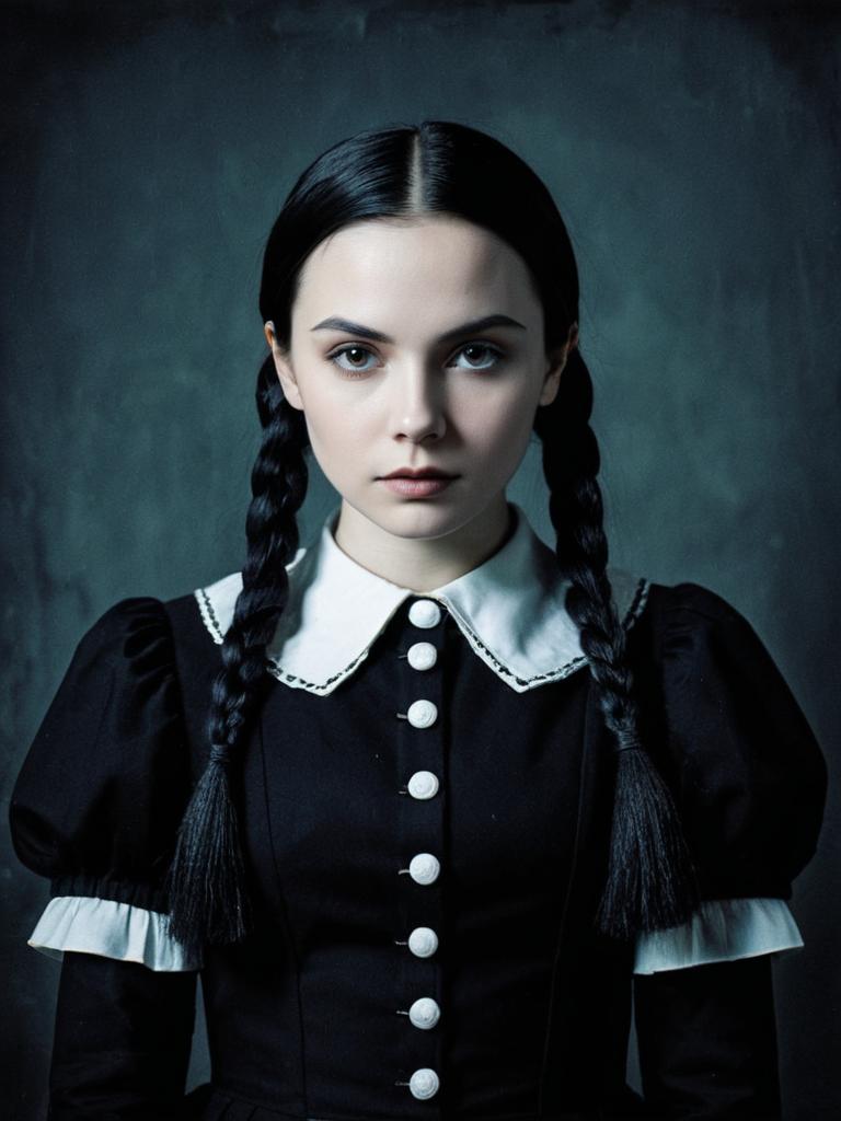 Photorealistic Woman in Wednesday Addams Gothic Costume with Braids