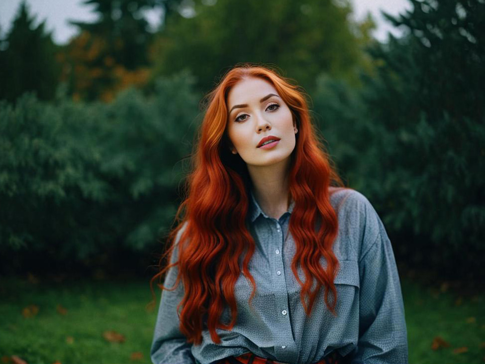 Confident Woman with Red Hair in Greenery