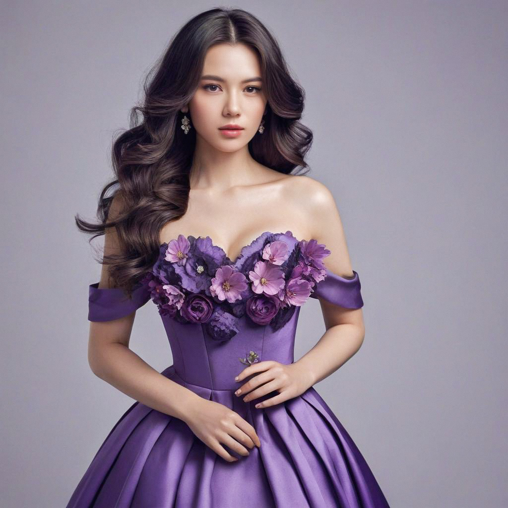 Elegant Woman in Purple Gown with Floral Appliqués