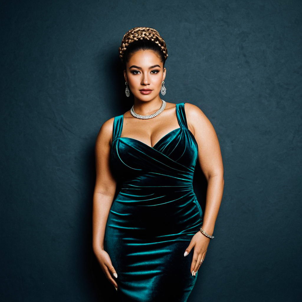 Confident Woman in Elegant Teal Velvet Gown