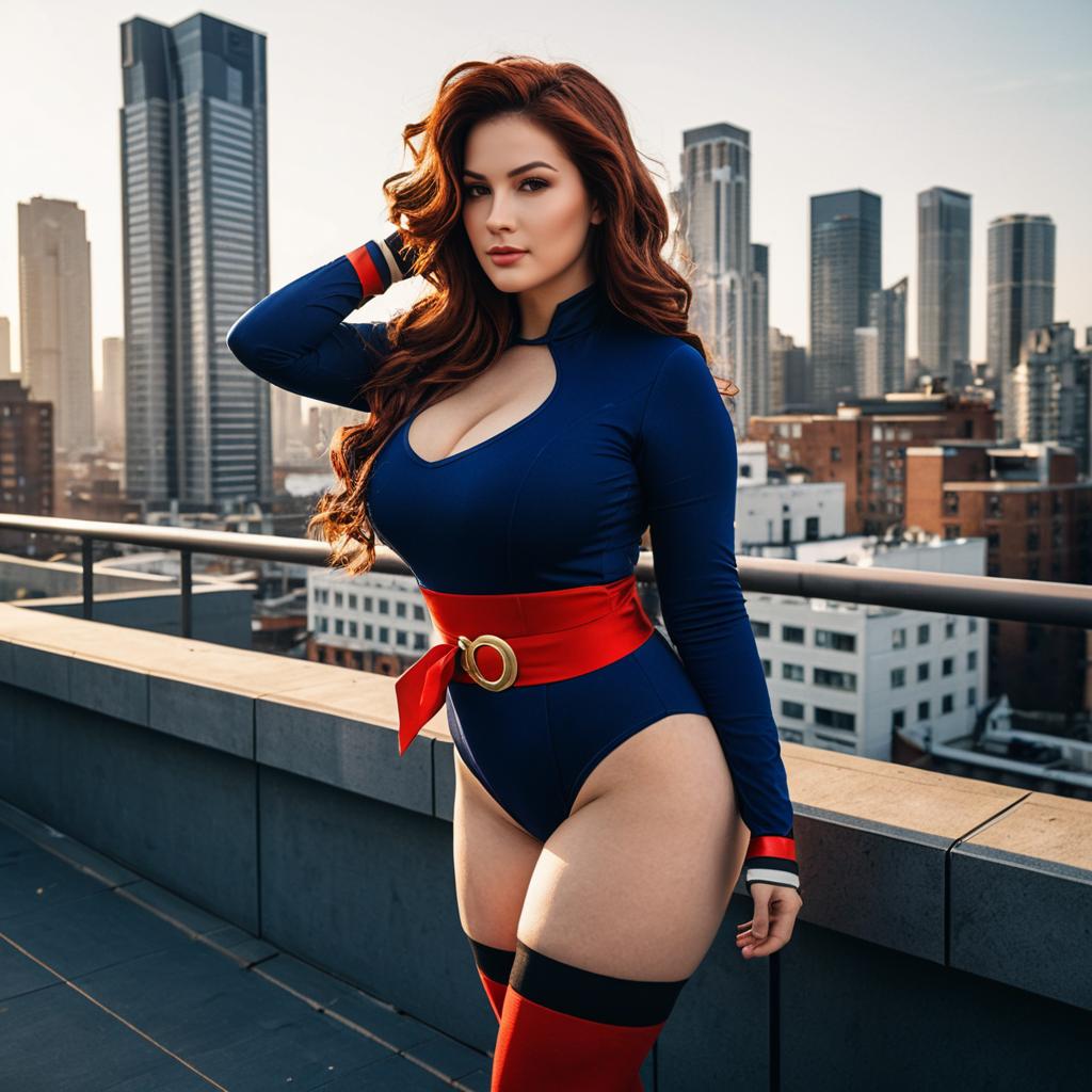 Confident Woman in Stylish Outfit Posing on Urban Rooftop with City Skyline