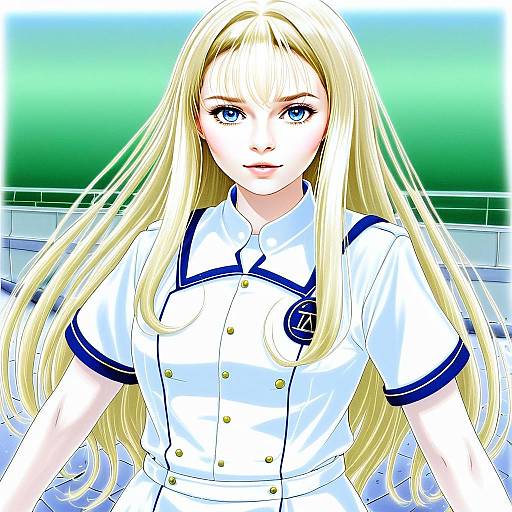 Anime Illustration of Blonde Woman in White and Blue Uniform