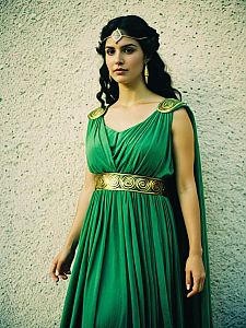 Woman in Green Greek Goddess Costume with Gold Accents