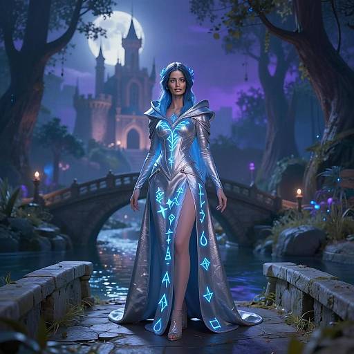 Fantasy Woman in Futuristic Silver Gown with Glowing Runes at Night