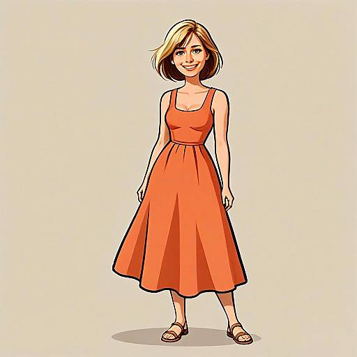 Smiling Woman with Pretty Face and Hair in Casual Summer Dress Illustration