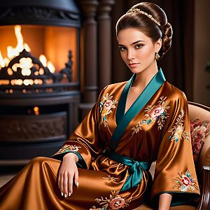 Elegant Woman by Fireplace in Satin Robe