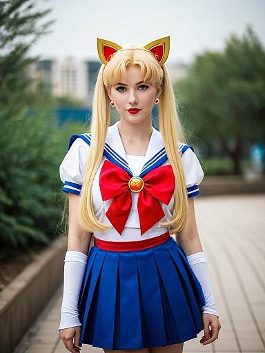 Realistic Artemis Sailor Moon Cosplay Woman in Blue Sailor Uniform