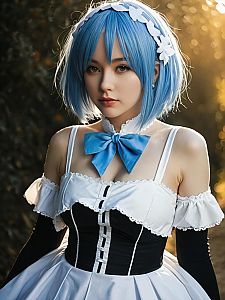 Realistic Woman Cosplay Wearing Rem Costume from Re:Zero
