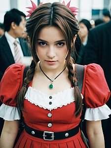 Woman in Aerith Cosplay Costume at Cosplay Festival