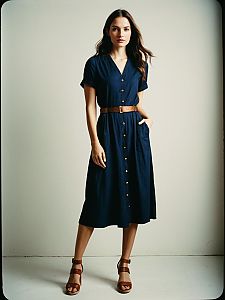 Woman in Navy Blue Smart Casual Shirt Dress with Mid-Calf Length
