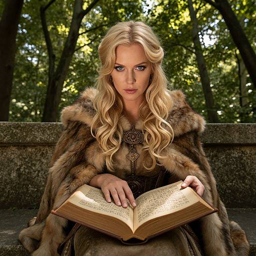 Medieval Fantasy Woman in Fur Cloak Reading Ancient Book