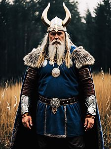 Realistic Odin Norse Mythology Man Cosplay with Horned Helmet and Fur Cape