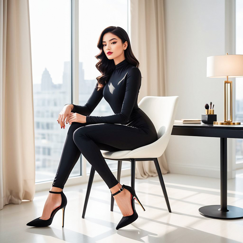 Stylish Woman in Black Outfit in Modern Room