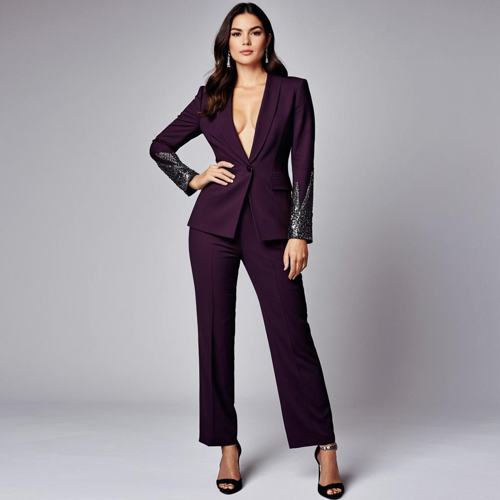 Elegant Woman in Deep Purple Sequined Sleeve Pantsuit