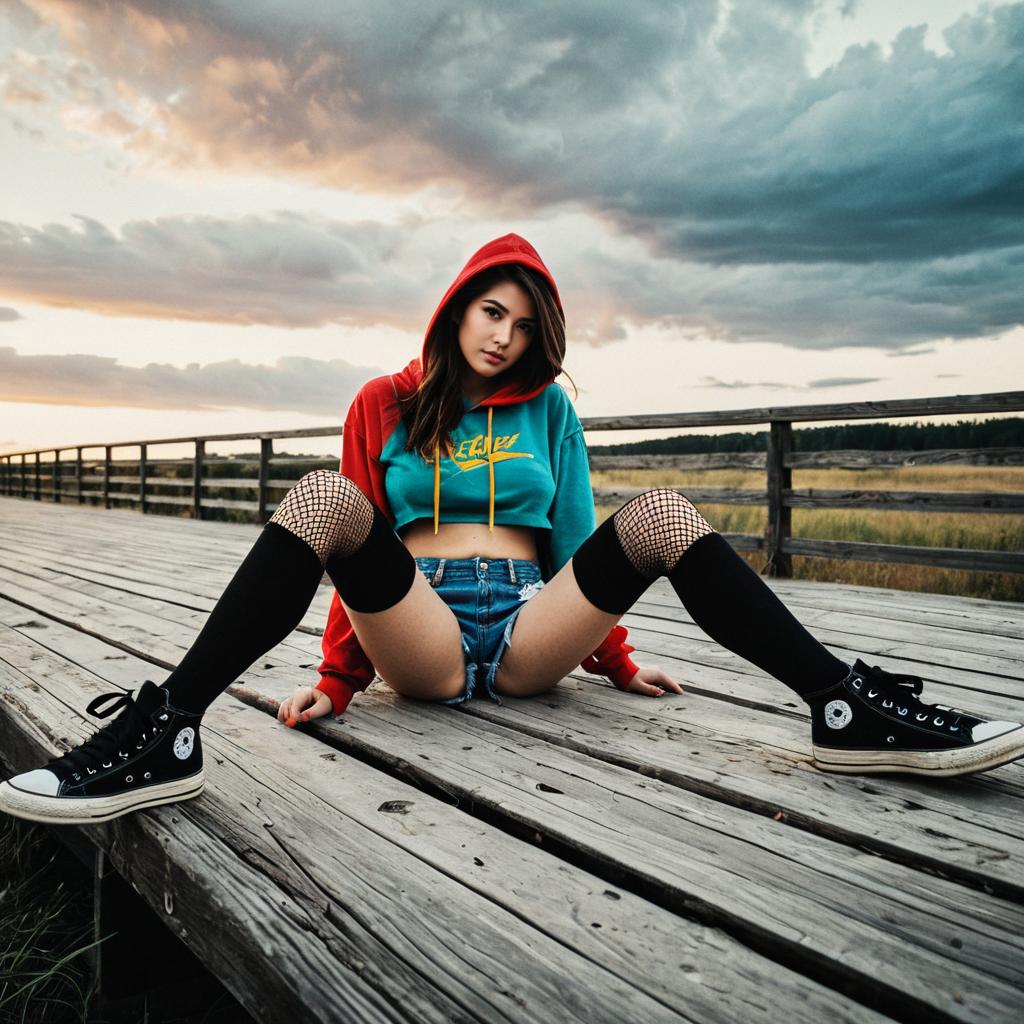 Young Woman in Streetwear Sitting on Wooden Boardwalk at Sunset