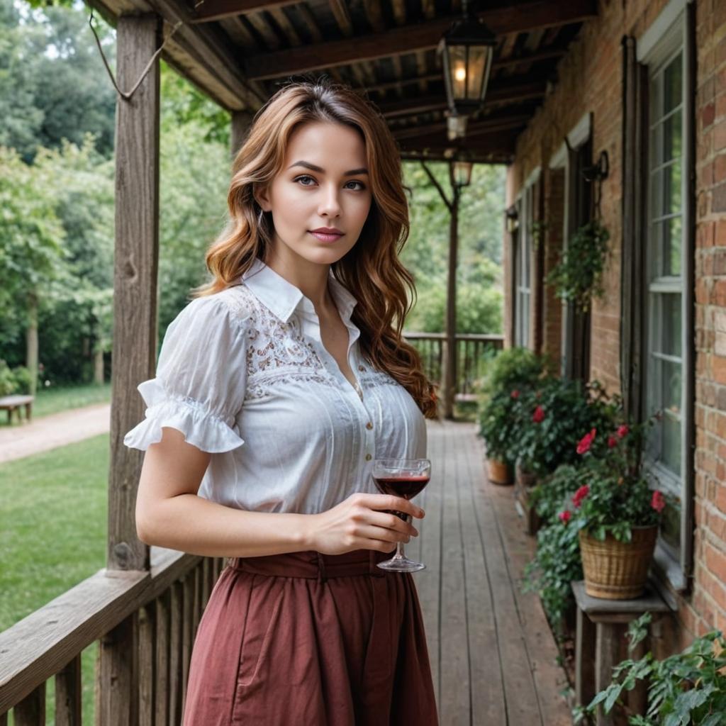 Woman with Wine on Rustic Porch