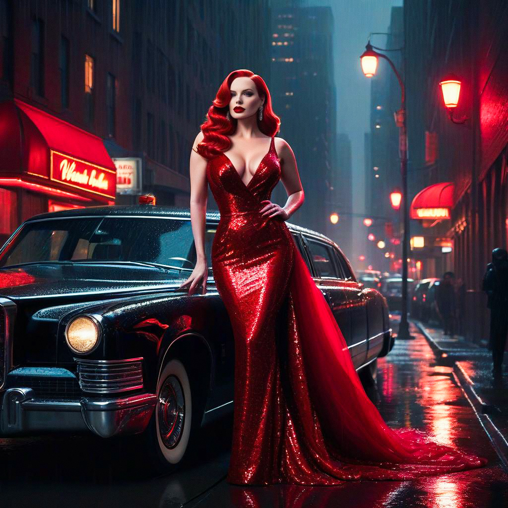 Glamorous Woman with Red Hair by Vintage Car in Rainy City Night