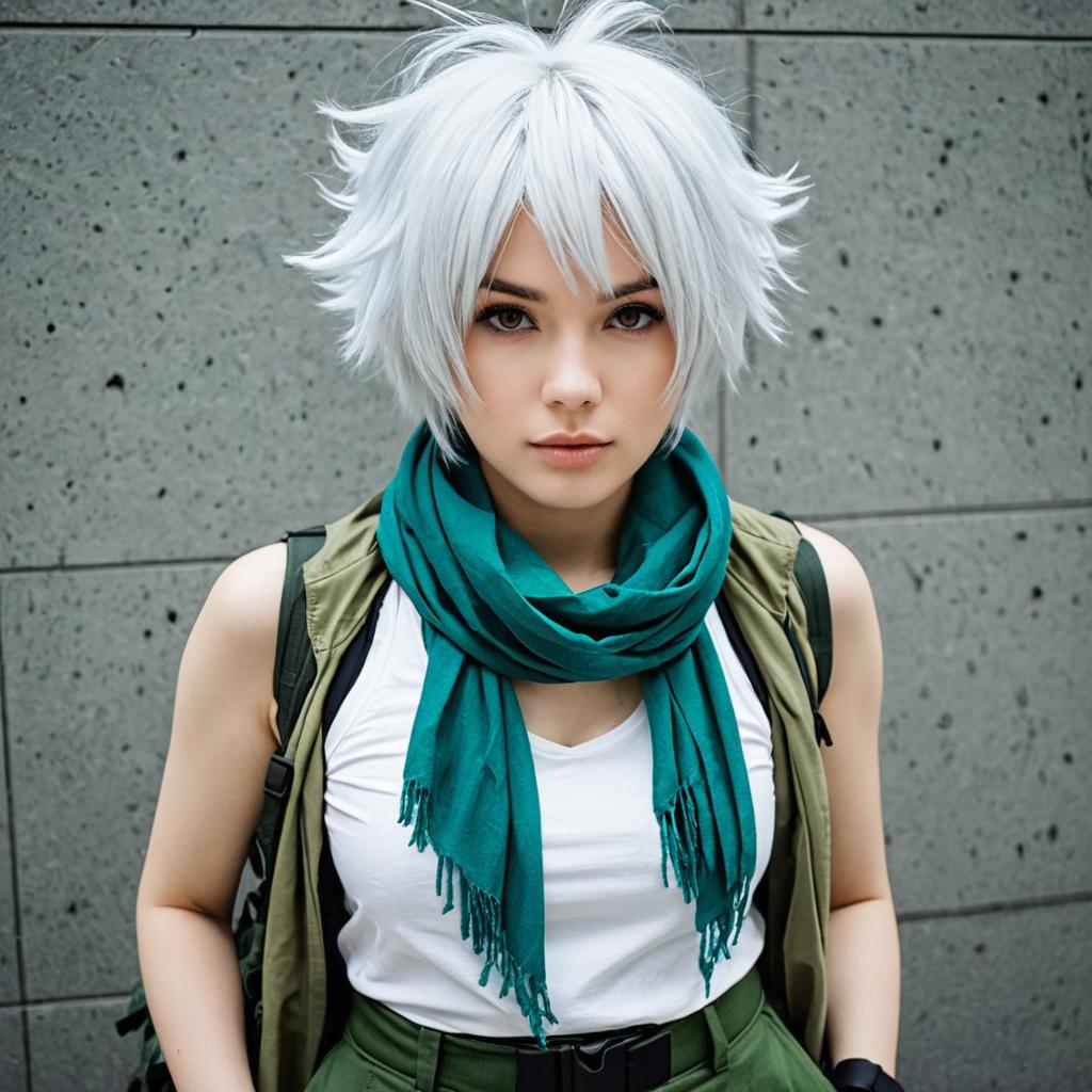 Woman with White Spiky Hair and Teal Scarf in Anime-Inspired Style