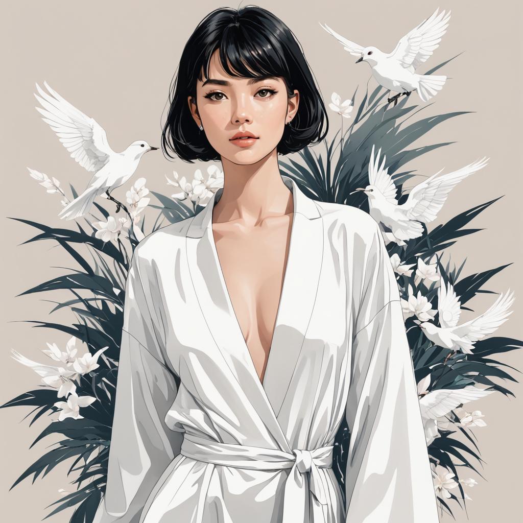 Elegant Woman in White Robe with Flowers and Doves