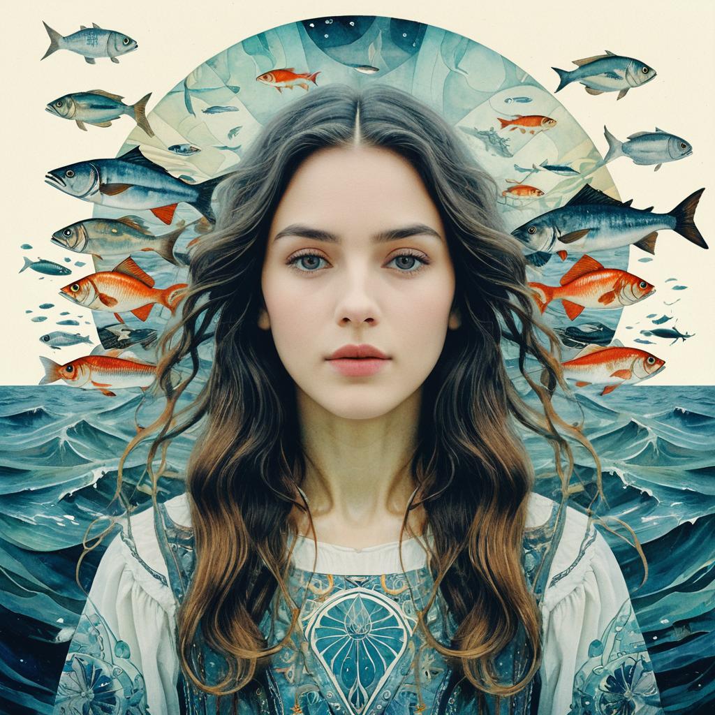 Surreal Portrait of Woman with Fish and Ocean Waves Artistic Illustration