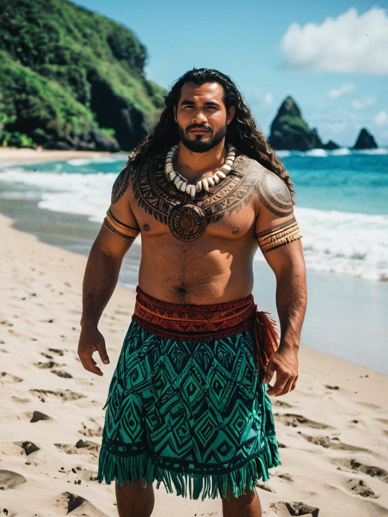Photorealistic Man in Moana Costume on Tropical Beach