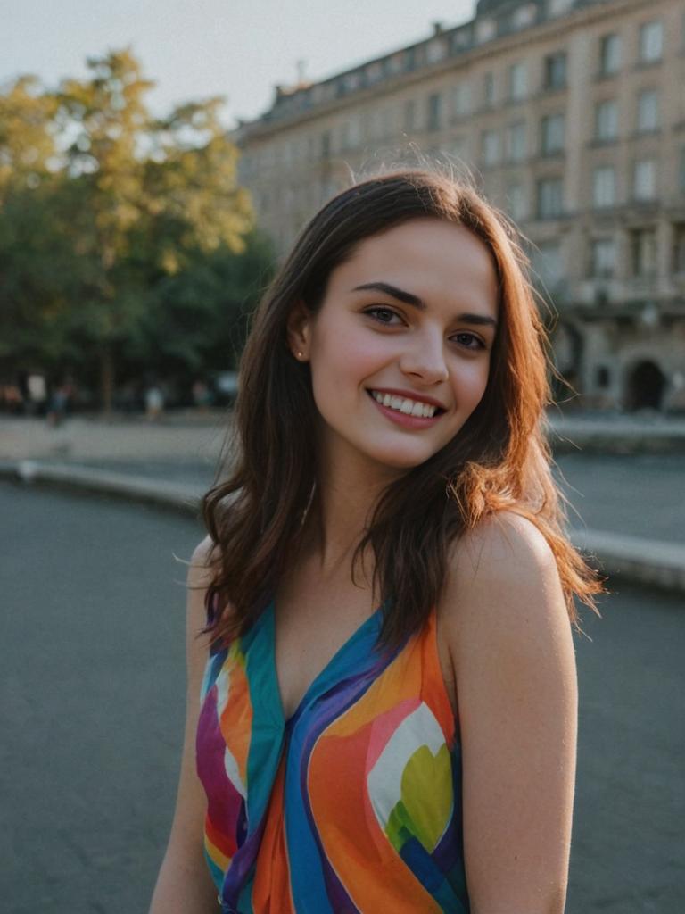 Cheerful young woman in artistic attire against urban backdrop