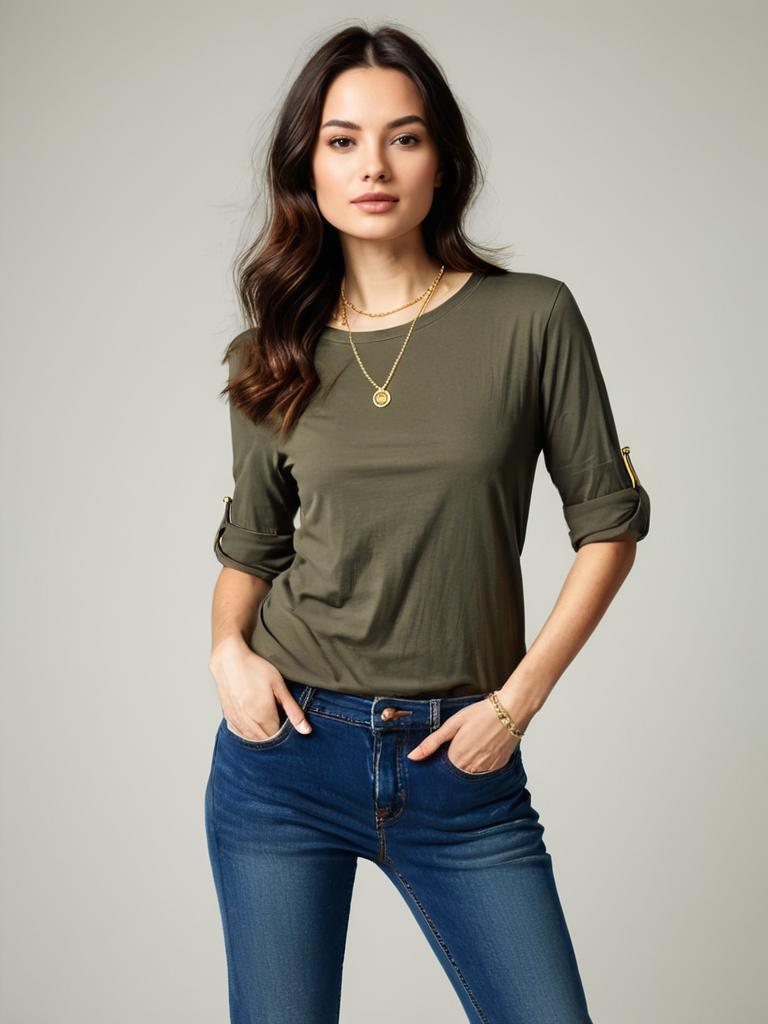 Casual Olive Green Round Neck T-Shirt with Rolled Up Sleeves on Woman