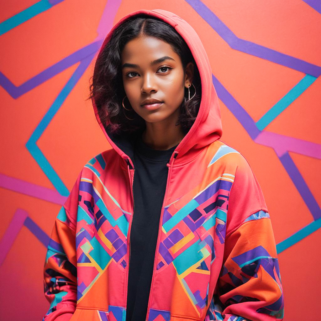 Young Woman in Colorful Hoodie Against Abstract Backdrop