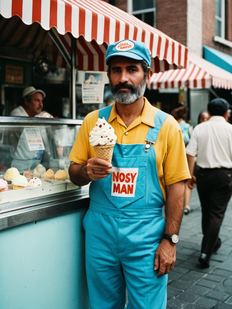 Man in Photorealistic Vintage Ice Cream Vendor Costume Holding Cone