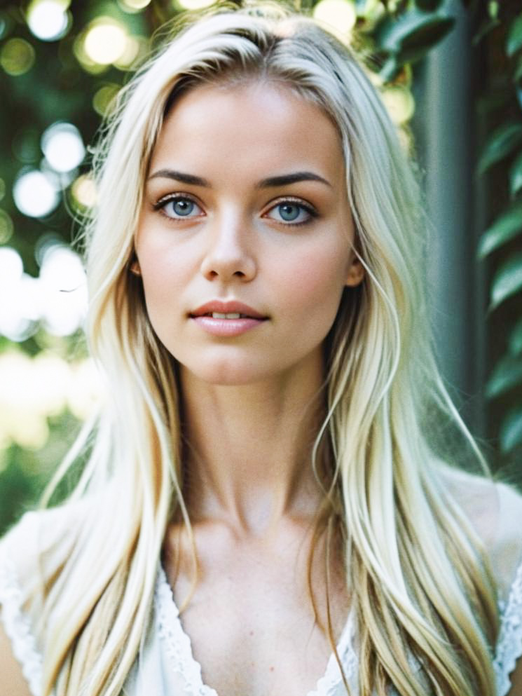 Close-up portrait of a serene woman with blonde hair