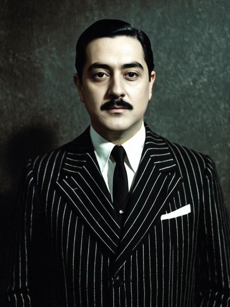 Man in Classic Gomez Addams Costume Pinstripe Suit Cosplay Portrait