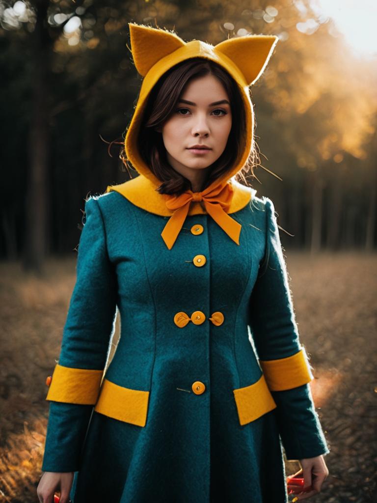 Sexy Cosplay Woman Wearing Felt Costume with Cat Ears Hood Outdoors