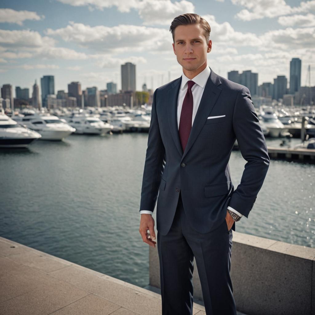 Confident Man in Suit by Waterfront with City Skyline