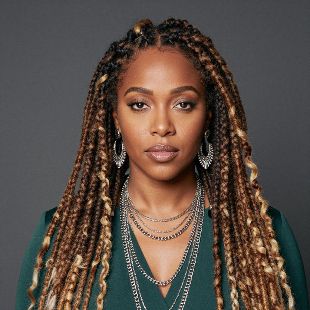 Confident Woman with Long Highlighted Box Braids Wearing Silver Jewelry